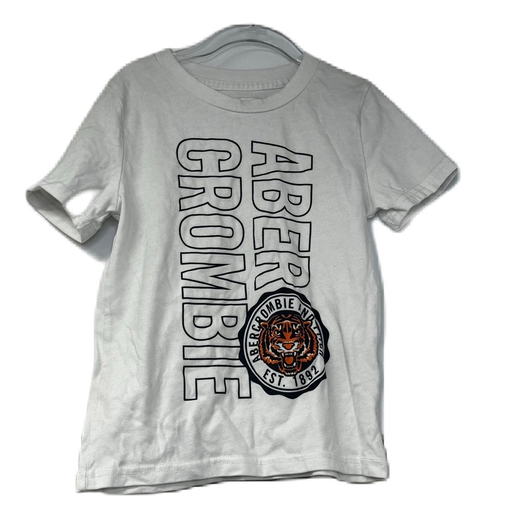 Abercrombie Kids logo short sleeve boys sz 5/6 white tee casual camp fun lion